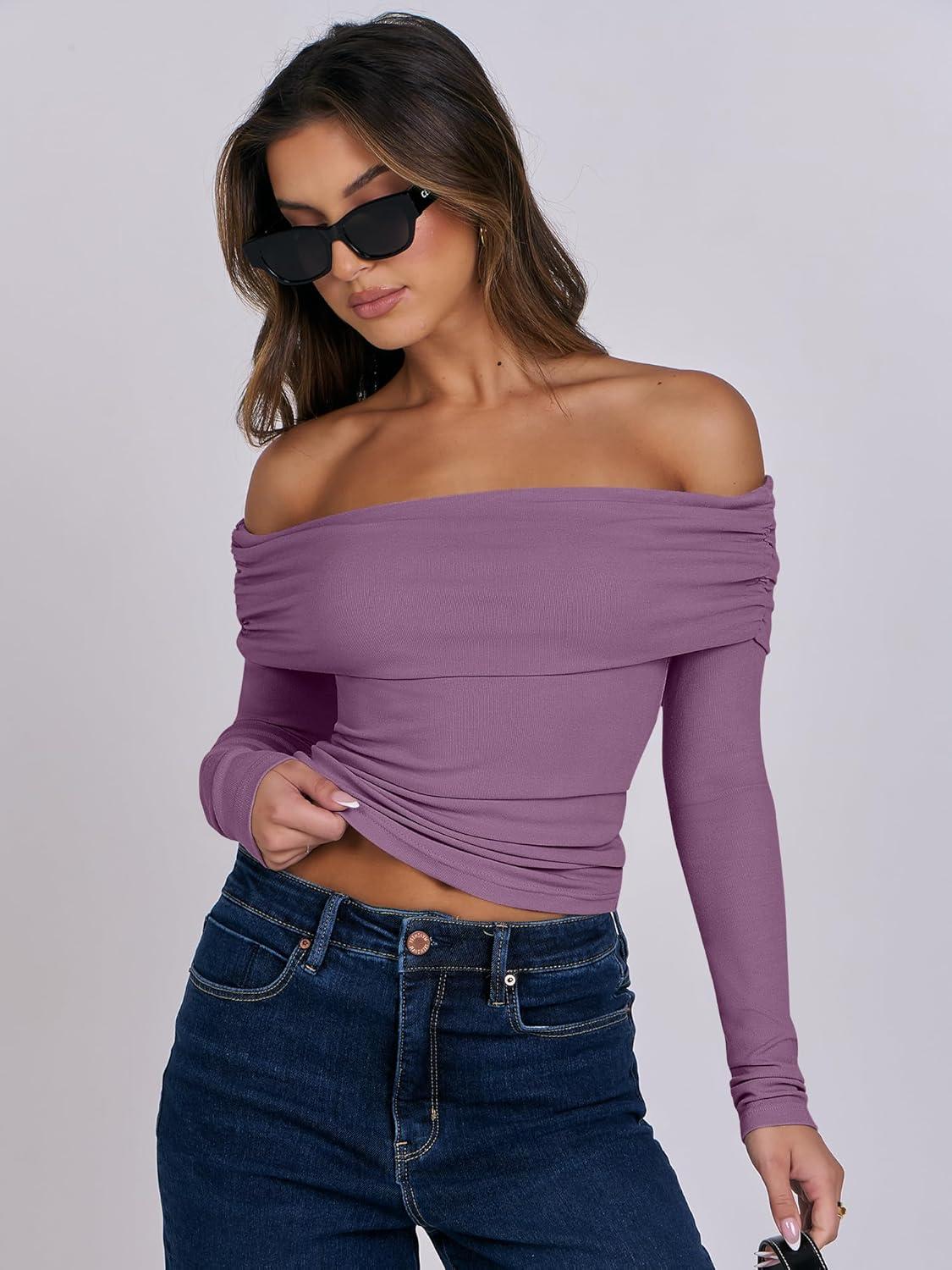 imageANRABESS Long Sleeve Shirt for Women 2025 Fall Off Shoulder Slim Fit Tee Top Sexy Going Out Ruched Blouses Y2K Trendy ClothesPurple