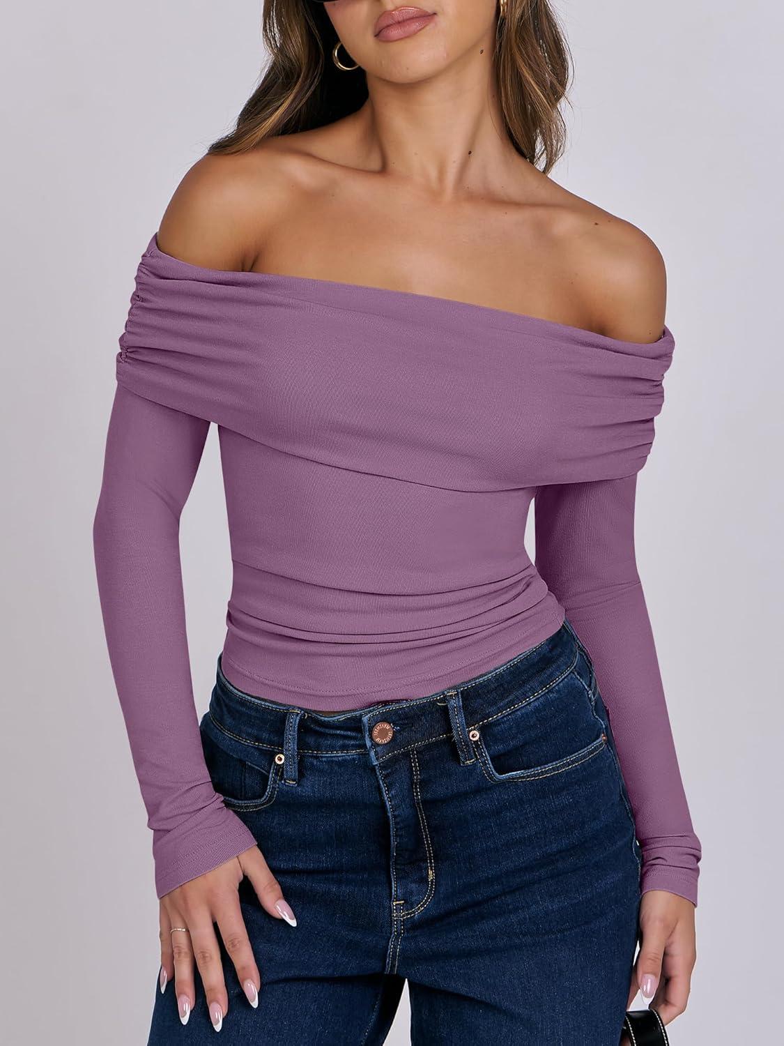 imageANRABESS Long Sleeve Shirt for Women 2025 Fall Off Shoulder Slim Fit Tee Top Sexy Going Out Ruched Blouses Y2K Trendy ClothesPurple