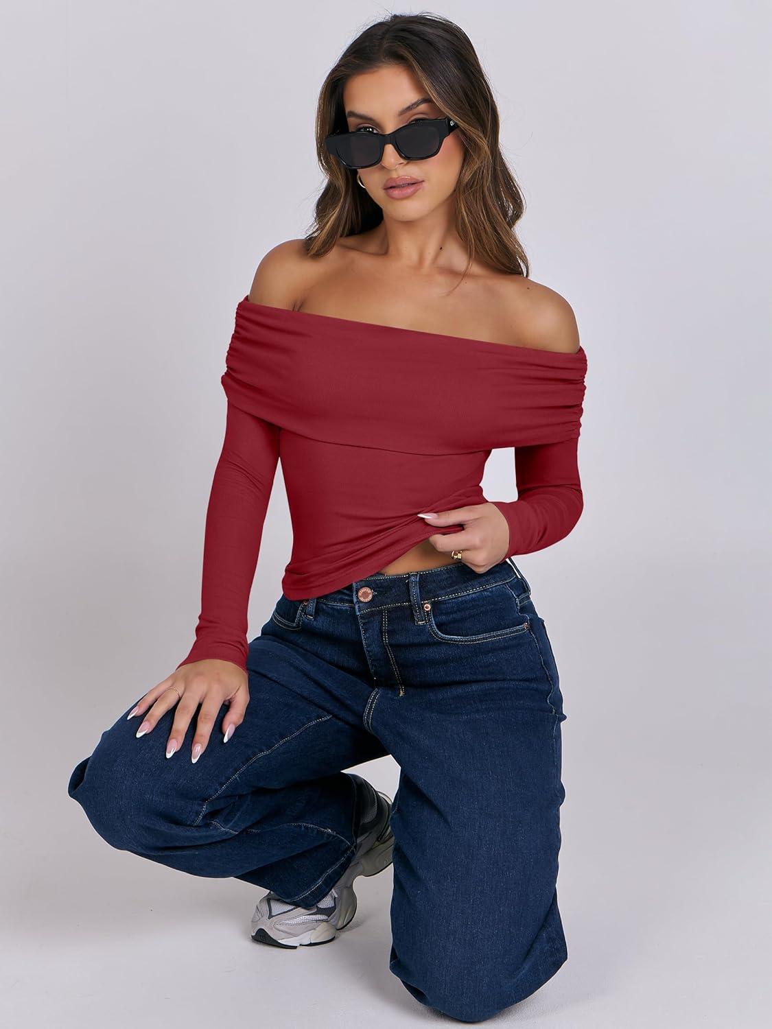 imageANRABESS Long Sleeve Shirt for Women 2025 Fall Off Shoulder Slim Fit Tee Top Sexy Going Out Ruched Blouses Y2K Trendy ClothesRed