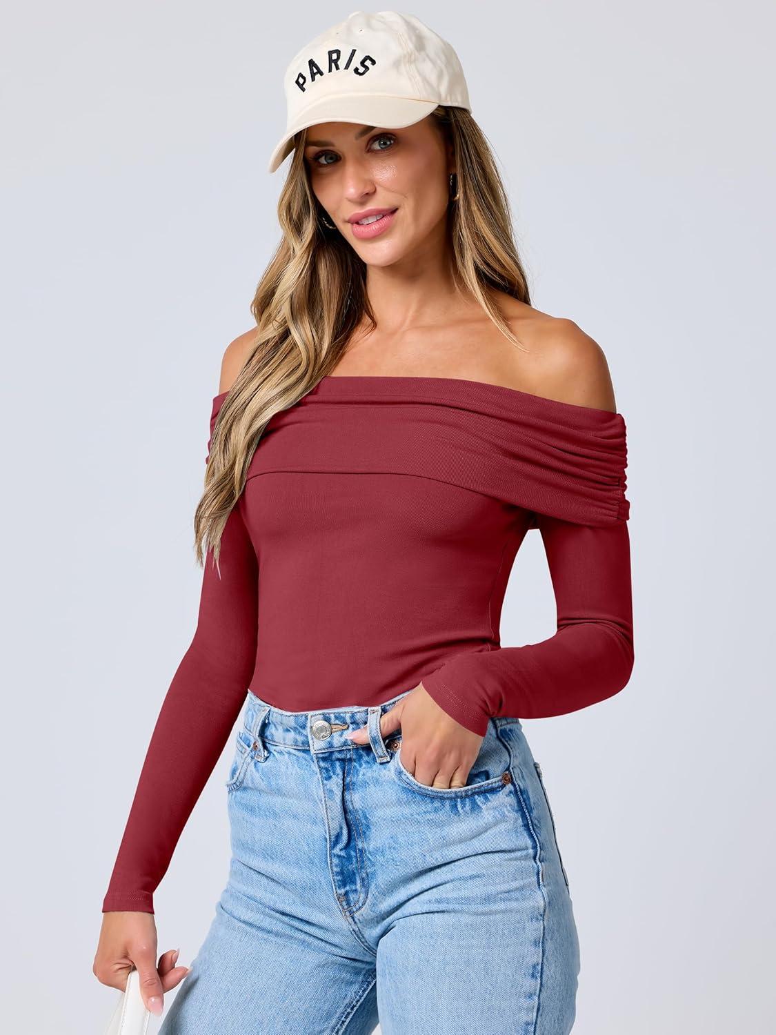 imageANRABESS Long Sleeve Shirt for Women 2025 Fall Off Shoulder Slim Fit Tee Top Sexy Going Out Ruched Blouses Y2K Trendy ClothesRed