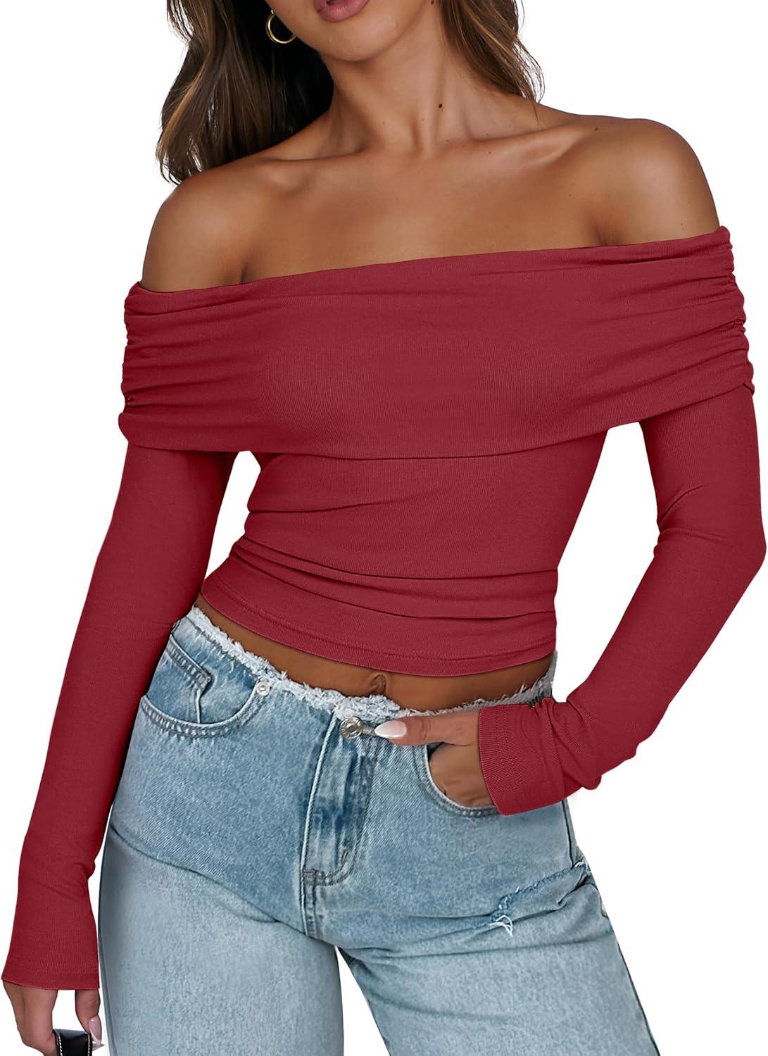 imageANRABESS Long Sleeve Shirt for Women 2025 Fall Off Shoulder Slim Fit Tee Top Sexy Going Out Ruched Blouses Y2K Trendy ClothesRed