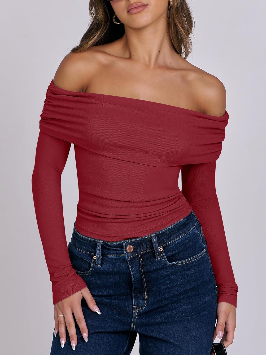 imageANRABESS Long Sleeve Shirt for Women 2025 Fall Off Shoulder Slim Fit Tee Top Sexy Going Out Ruched Blouses Y2K Trendy ClothesRed