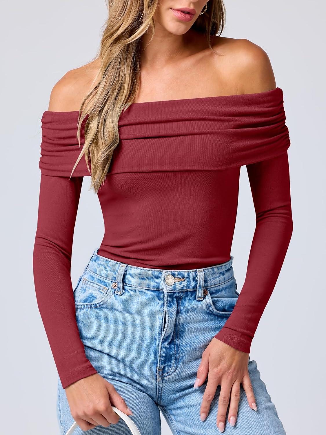imageANRABESS Long Sleeve Shirt for Women 2025 Fall Off Shoulder Slim Fit Tee Top Sexy Going Out Ruched Blouses Y2K Trendy ClothesRed