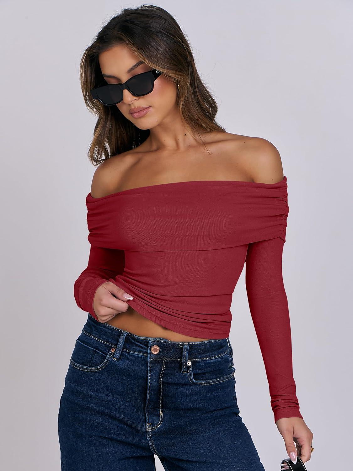 imageANRABESS Long Sleeve Shirt for Women 2025 Fall Off Shoulder Slim Fit Tee Top Sexy Going Out Ruched Blouses Y2K Trendy ClothesRed