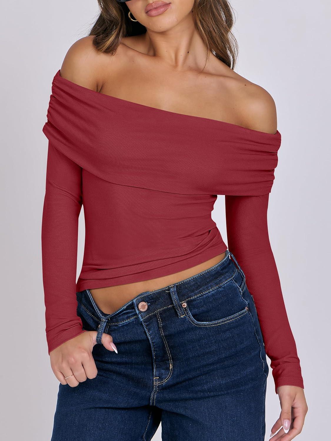 imageANRABESS Long Sleeve Shirt for Women 2025 Fall Off Shoulder Slim Fit Tee Top Sexy Going Out Ruched Blouses Y2K Trendy ClothesRed