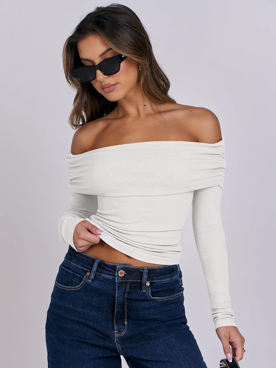 imageANRABESS Long Sleeve Shirt for Women 2025 Fall Off Shoulder Slim Fit Tee Top Sexy Going Out Ruched Blouses Y2K Trendy ClothesWhite