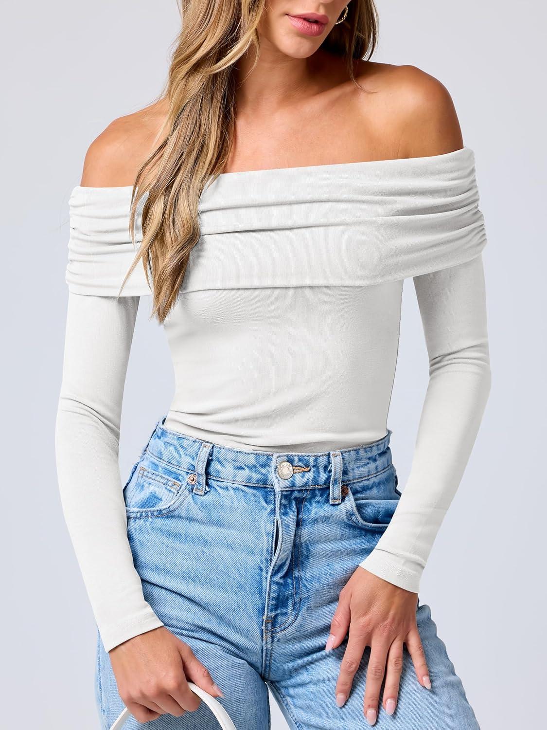 imageANRABESS Long Sleeve Shirt for Women 2025 Fall Off Shoulder Slim Fit Tee Top Sexy Going Out Ruched Blouses Y2K Trendy ClothesWhite