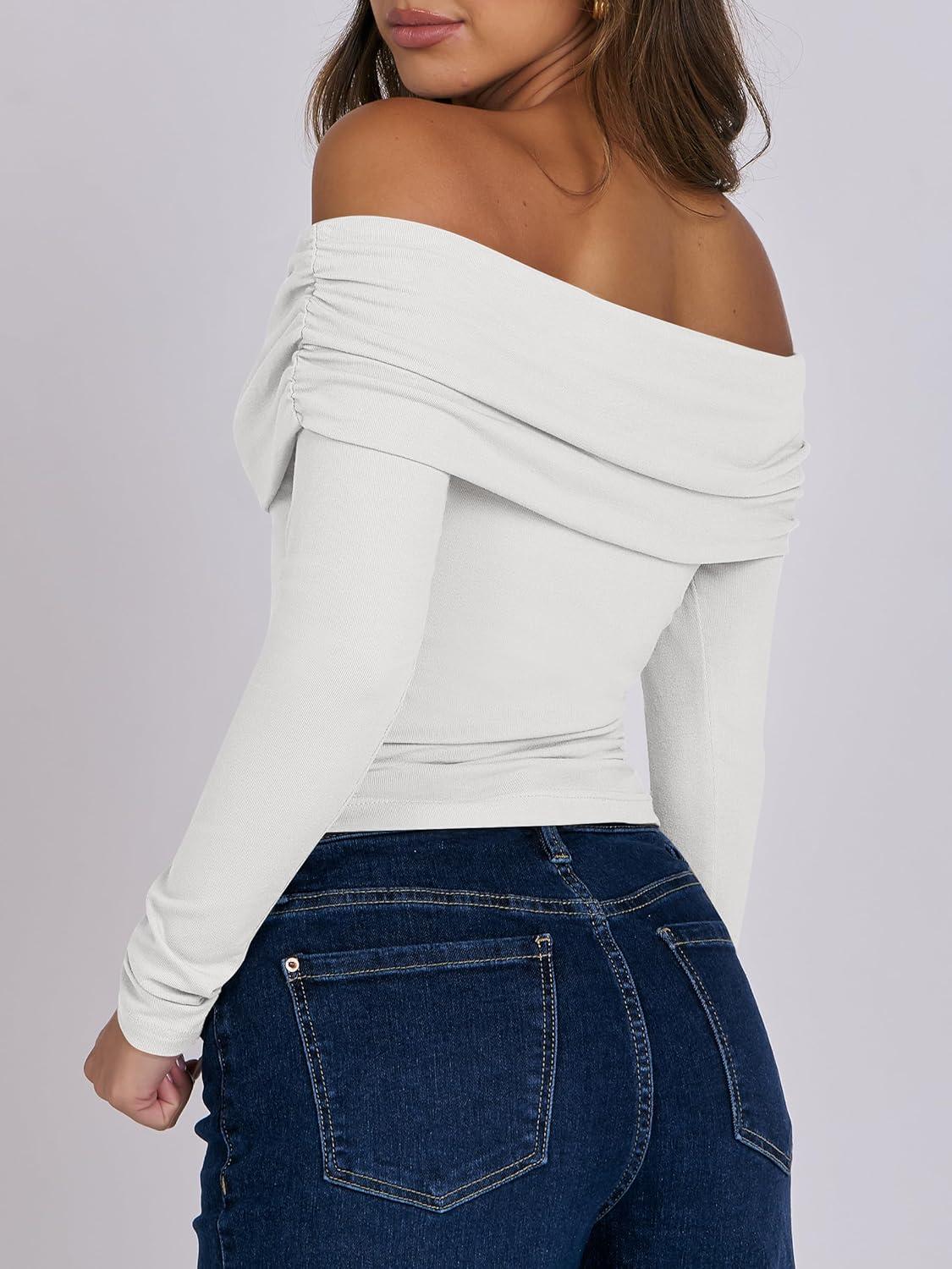 imageANRABESS Long Sleeve Shirt for Women 2025 Fall Off Shoulder Slim Fit Tee Top Sexy Going Out Ruched Blouses Y2K Trendy ClothesWhite