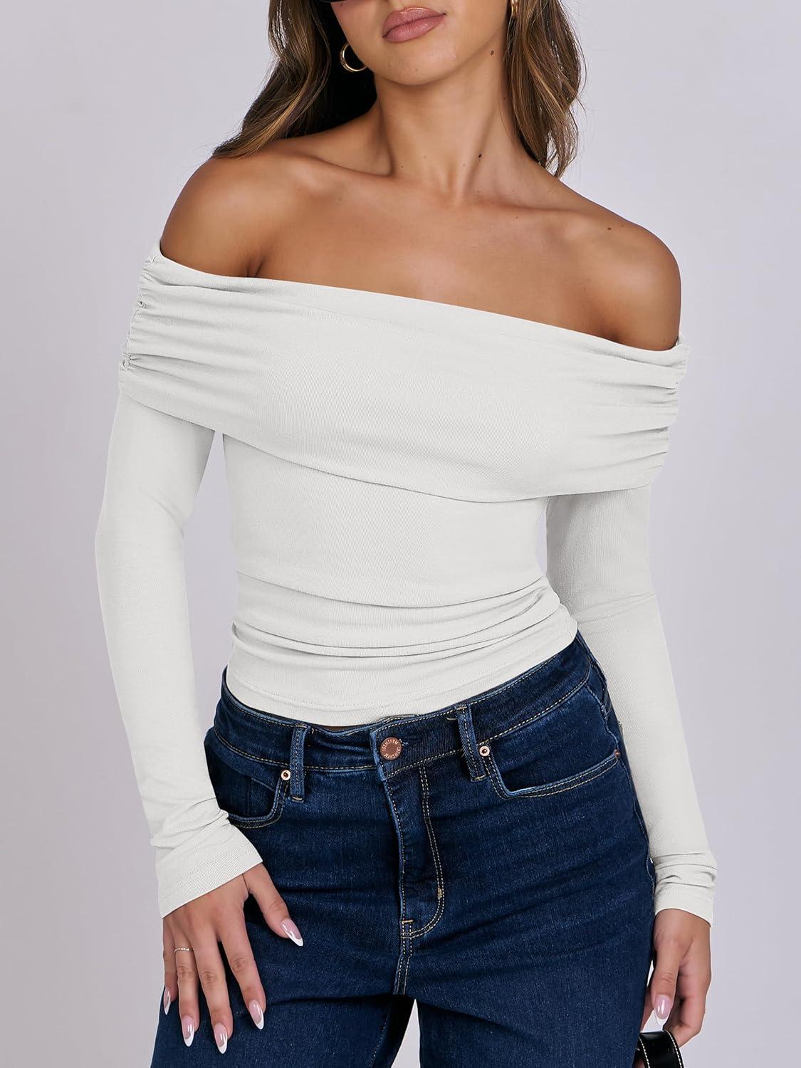 imageANRABESS Long Sleeve Shirt for Women 2025 Fall Off Shoulder Slim Fit Tee Top Sexy Going Out Ruched Blouses Y2K Trendy ClothesWhite