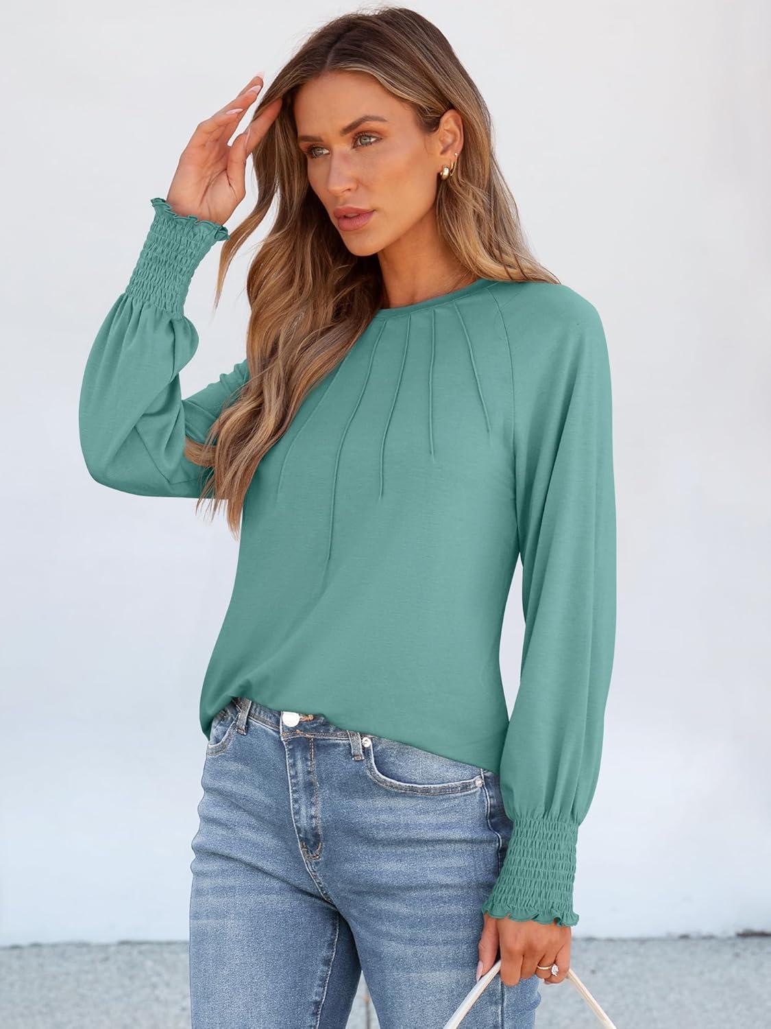 imageANRABESS Long Sleeve Shirts for Women 2025 Fall Dressy Casual Tops Pleated Crewneck Loose Basic Blouses FashionCadet Blue
