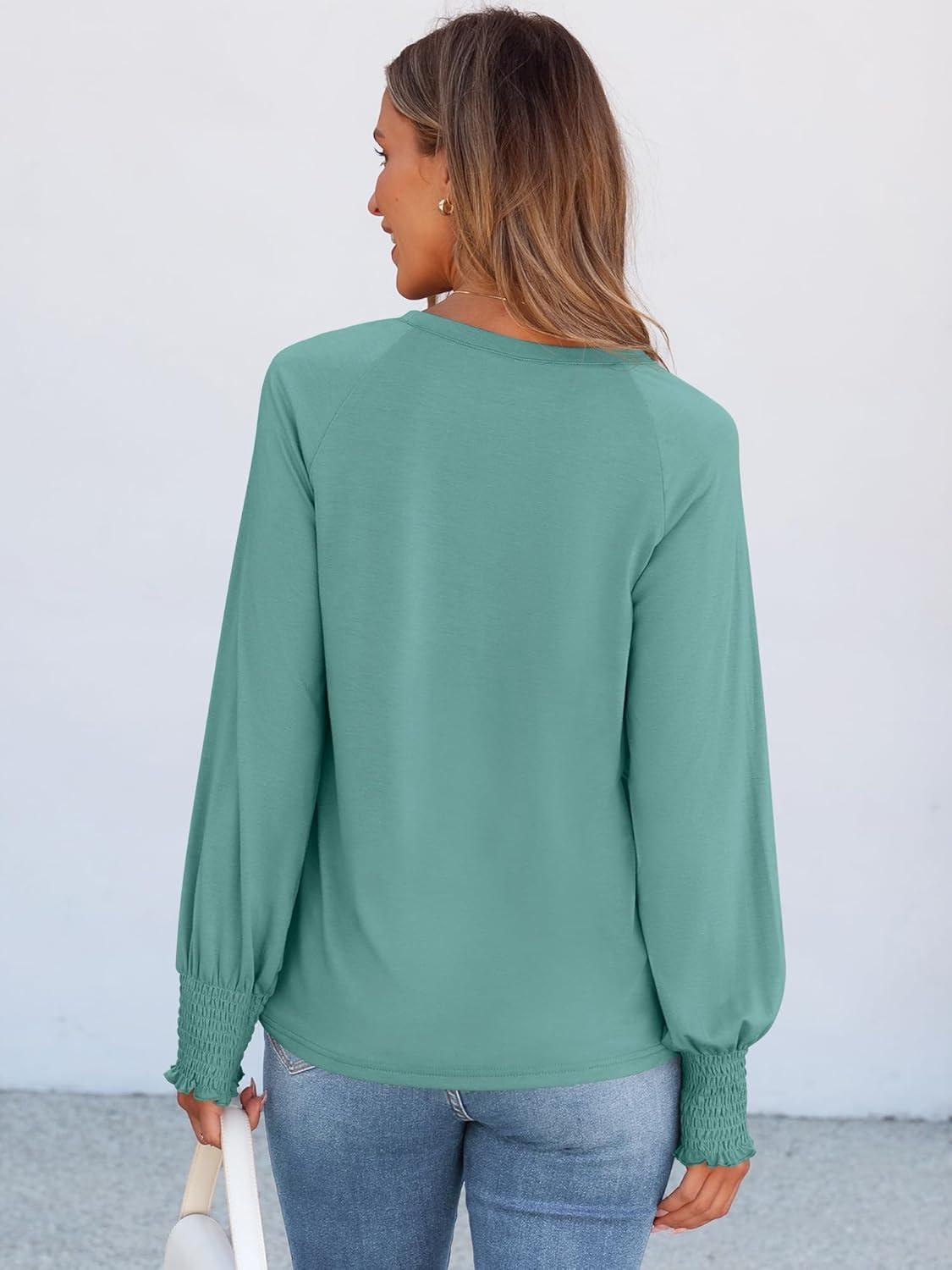 imageANRABESS Long Sleeve Shirts for Women 2025 Fall Dressy Casual Tops Pleated Crewneck Loose Basic Blouses FashionCadet Blue