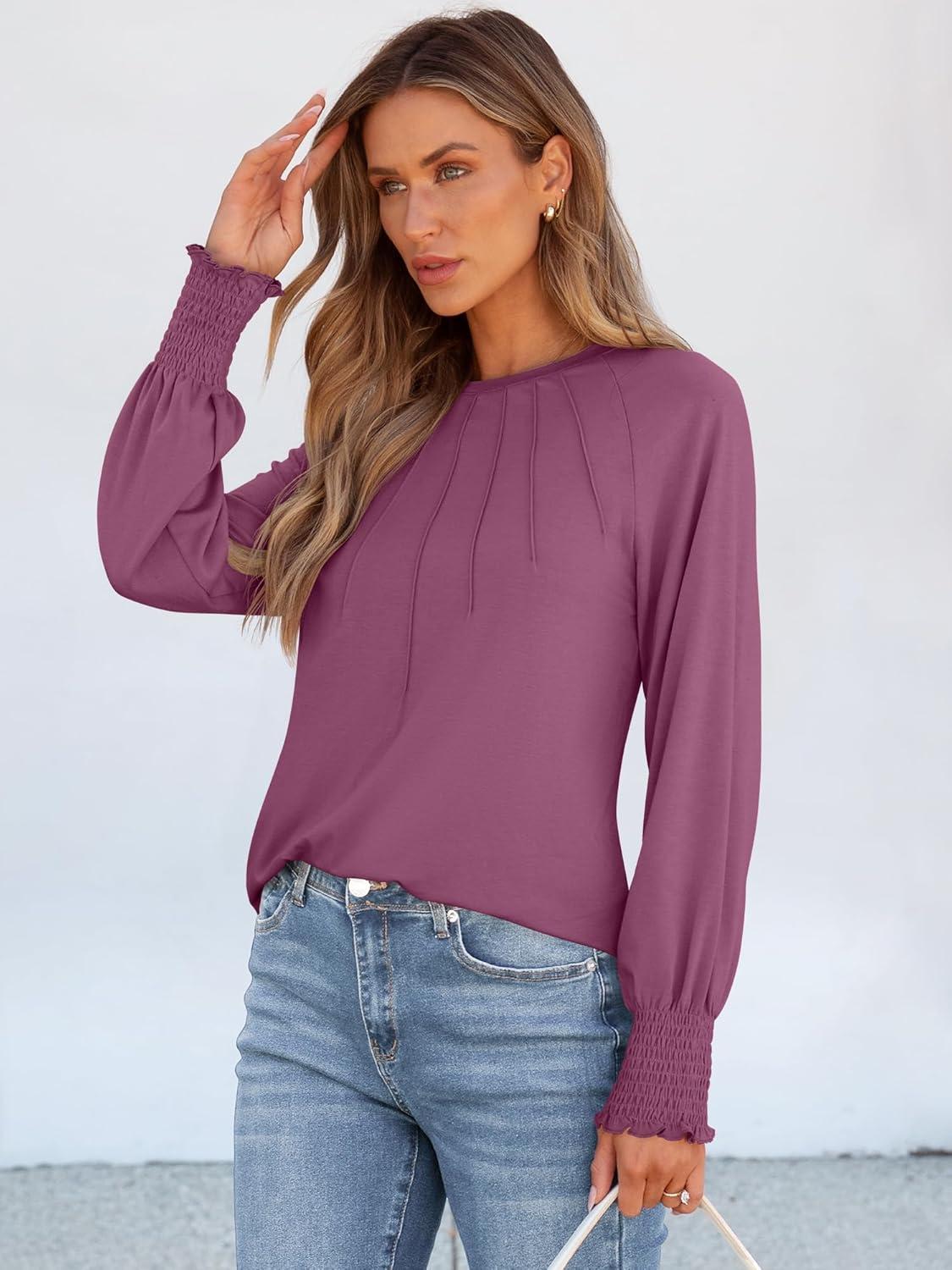 imageANRABESS Long Sleeve Shirts for Women 2025 Fall Dressy Casual Tops Pleated Crewneck Loose Basic Blouses FashionMauve