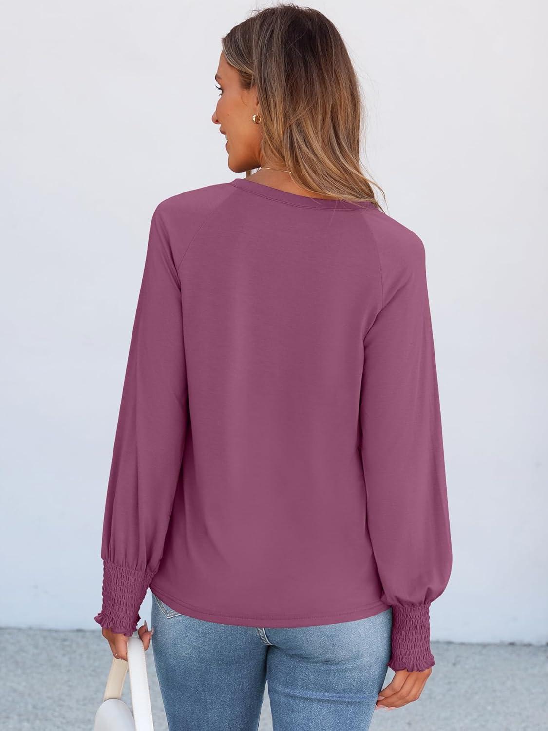 imageANRABESS Long Sleeve Shirts for Women 2025 Fall Dressy Casual Tops Pleated Crewneck Loose Basic Blouses FashionMauve