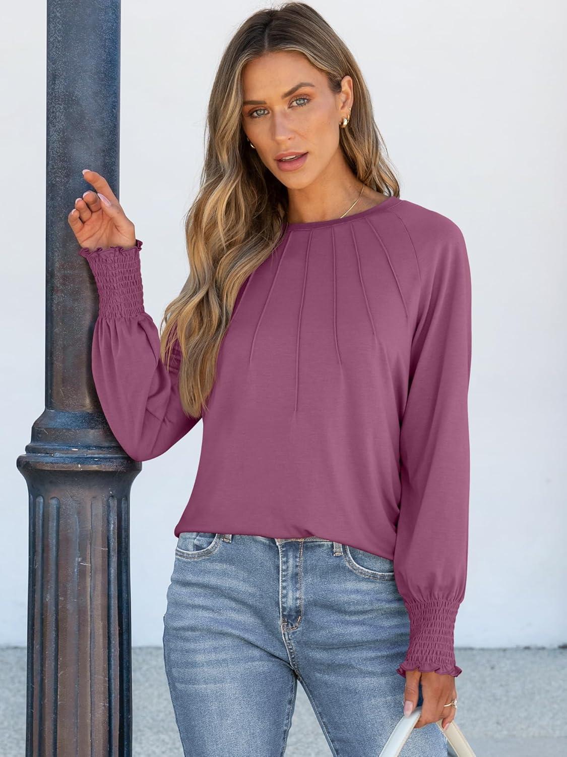 imageANRABESS Long Sleeve Shirts for Women 2025 Fall Dressy Casual Tops Pleated Crewneck Loose Basic Blouses FashionMauve