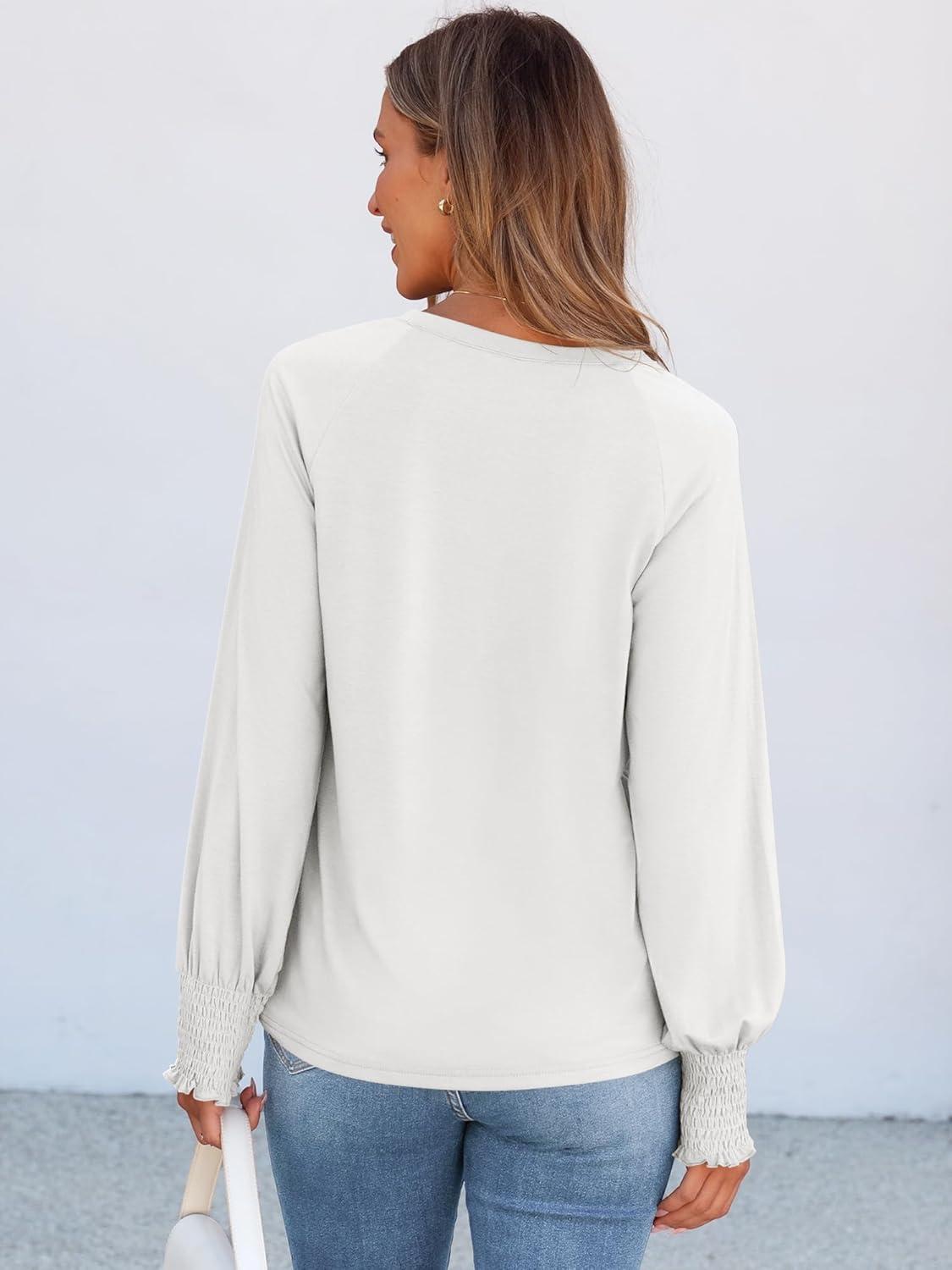 imageANRABESS Long Sleeve Shirts for Women 2025 Fall Dressy Casual Tops Pleated Crewneck Loose Basic Blouses FashionWhite