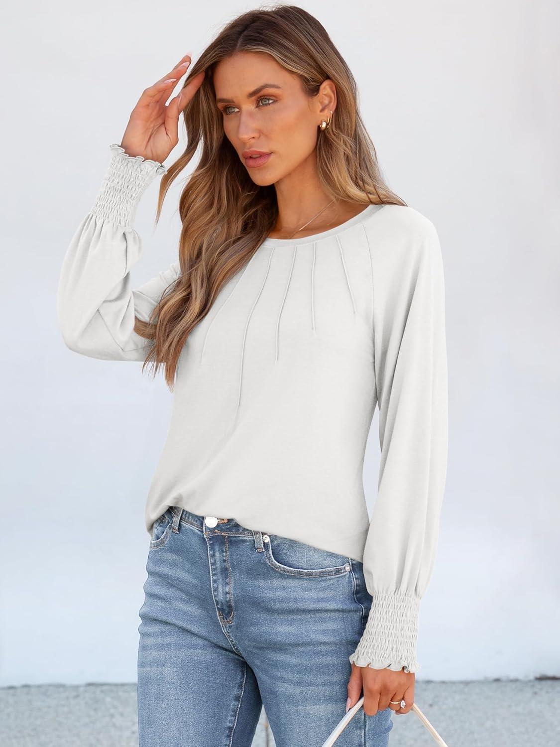 imageANRABESS Long Sleeve Shirts for Women 2025 Fall Dressy Casual Tops Pleated Crewneck Loose Basic Blouses FashionWhite