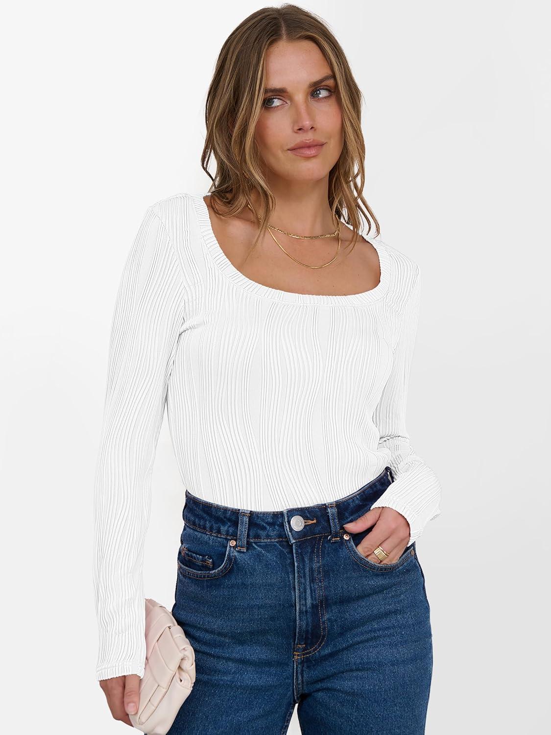 imageANRABESS Long Sleeve Shirts for Women Scoop Neck Tops 2025 Fall Trendy Casual Knit Slim Fit Textured BlousesWhite