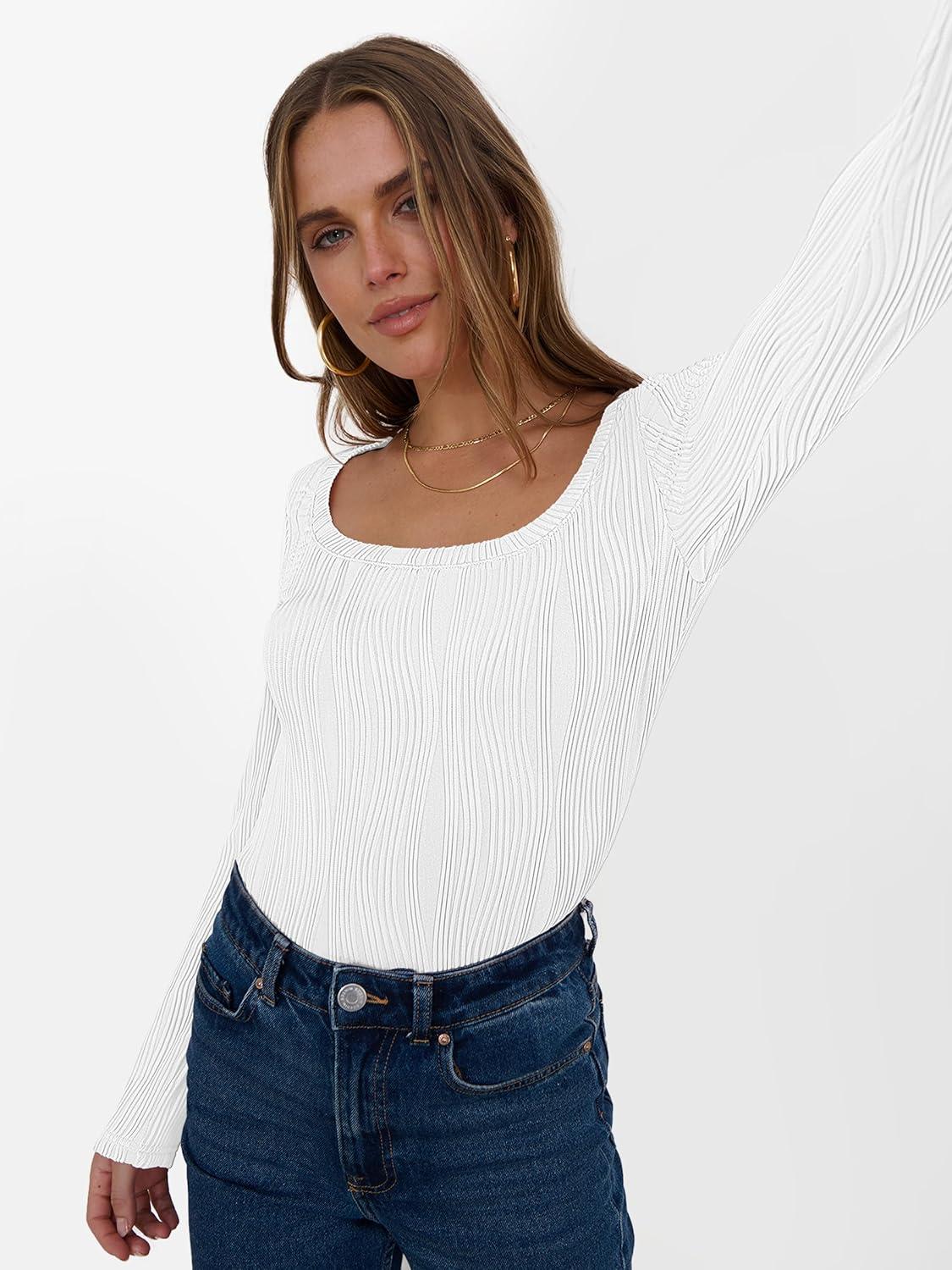 imageANRABESS Long Sleeve Shirts for Women Scoop Neck Tops 2025 Fall Trendy Casual Knit Slim Fit Textured BlousesWhite