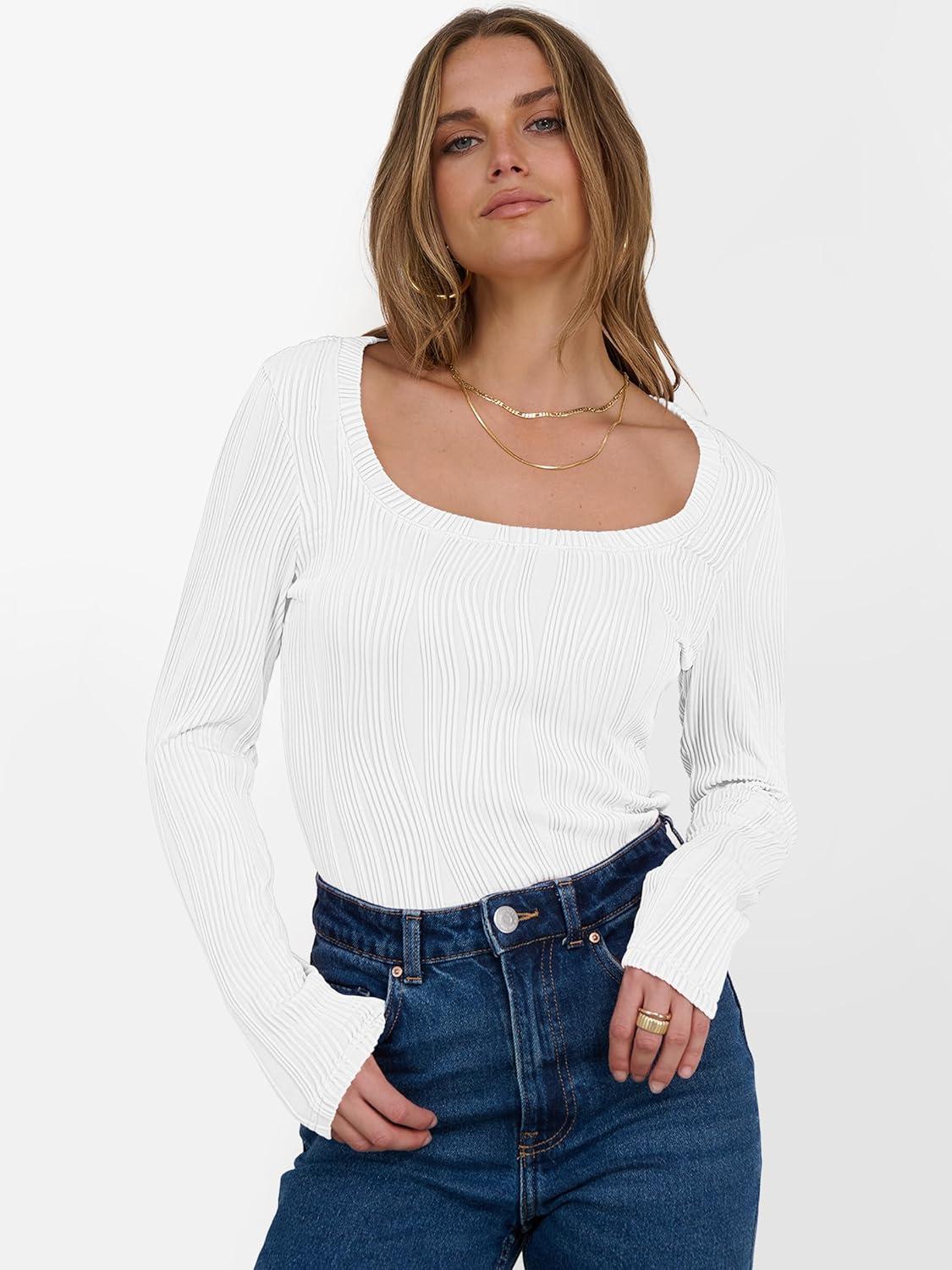 imageANRABESS Long Sleeve Shirts for Women Scoop Neck Tops 2025 Fall Trendy Casual Knit Slim Fit Textured BlousesWhite