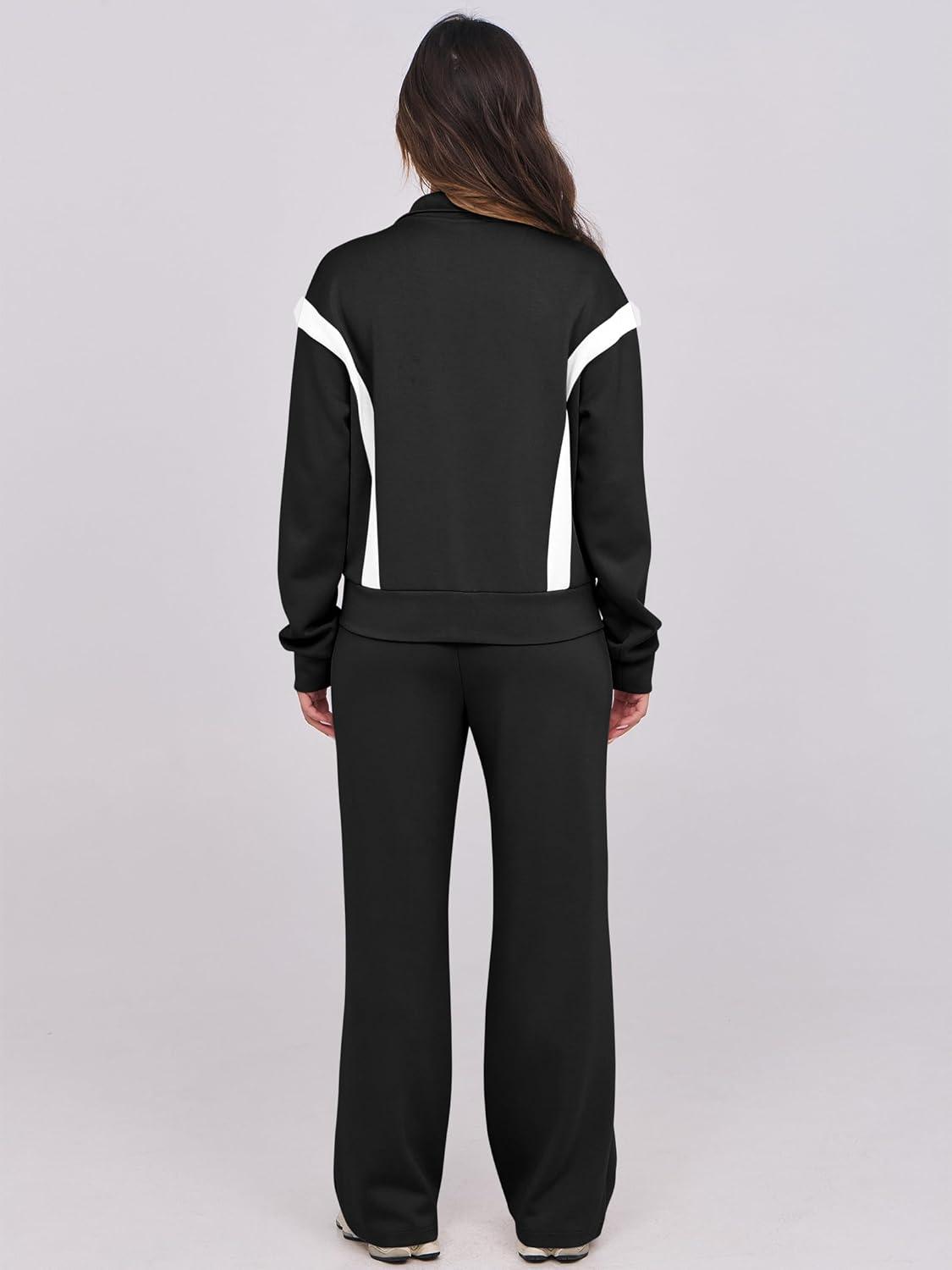 imageANRABESS Lounge Sets for Women 2 Piece Outfits Sweatsuit Fall Zip Up Sweatshirts Wide Leg Pants Matching Sweat Set TracksuitBlack White Stripe