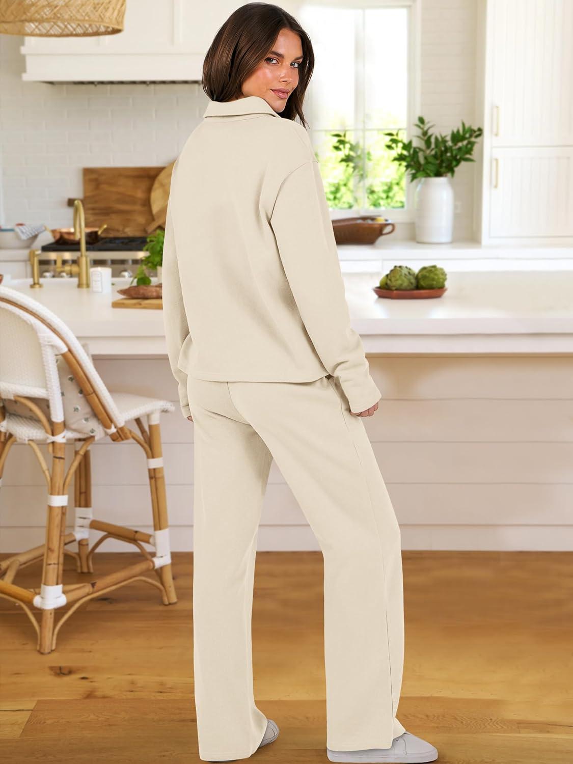 imageANRABESS Lounge Sets for Women 2 Piece Outfits Sweatsuit Set Fall V Neck Sweatshirts Wide Leg Pants TracksuitsAlmond