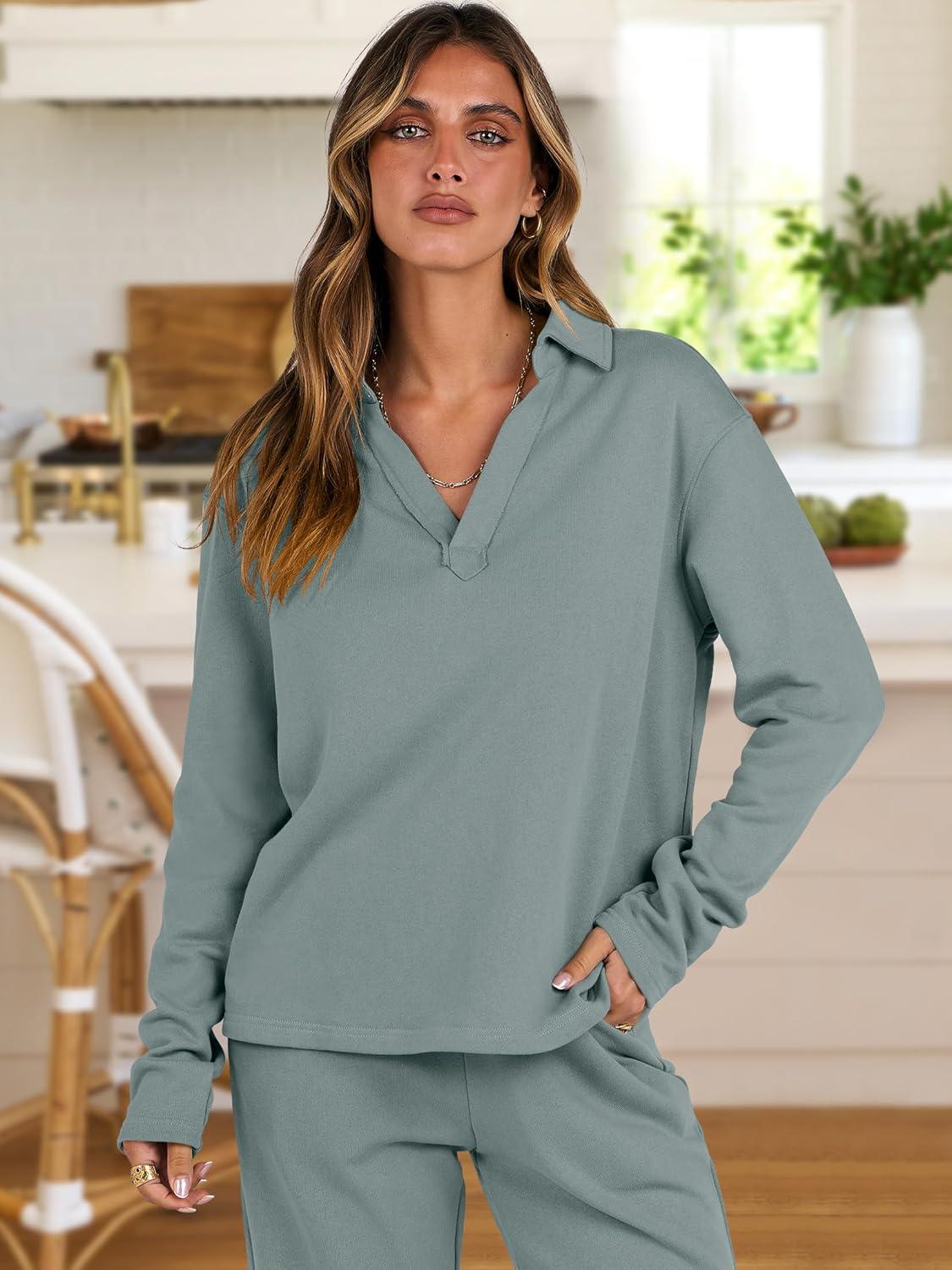 imageANRABESS Lounge Sets for Women 2 Piece Outfits Sweatsuit Set Fall V Neck Sweatshirts Wide Leg Pants TracksuitsCyan Green