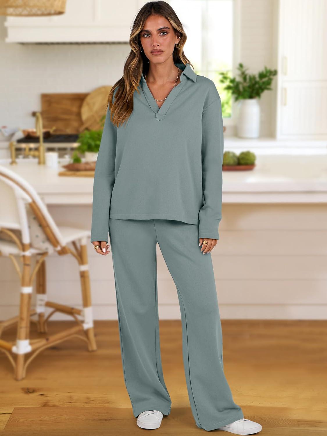 imageANRABESS Lounge Sets for Women 2 Piece Outfits Sweatsuit Set Fall V Neck Sweatshirts Wide Leg Pants TracksuitsCyan Green