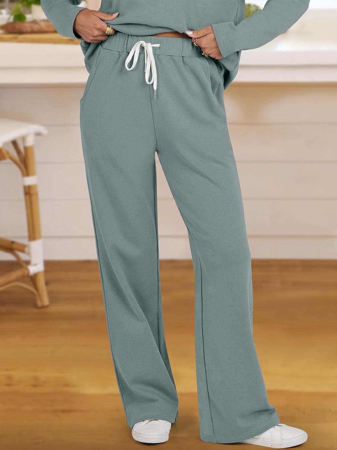 imageANRABESS Lounge Sets for Women 2 Piece Outfits Sweatsuit Set Fall V Neck Sweatshirts Wide Leg Pants TracksuitsCyan Green