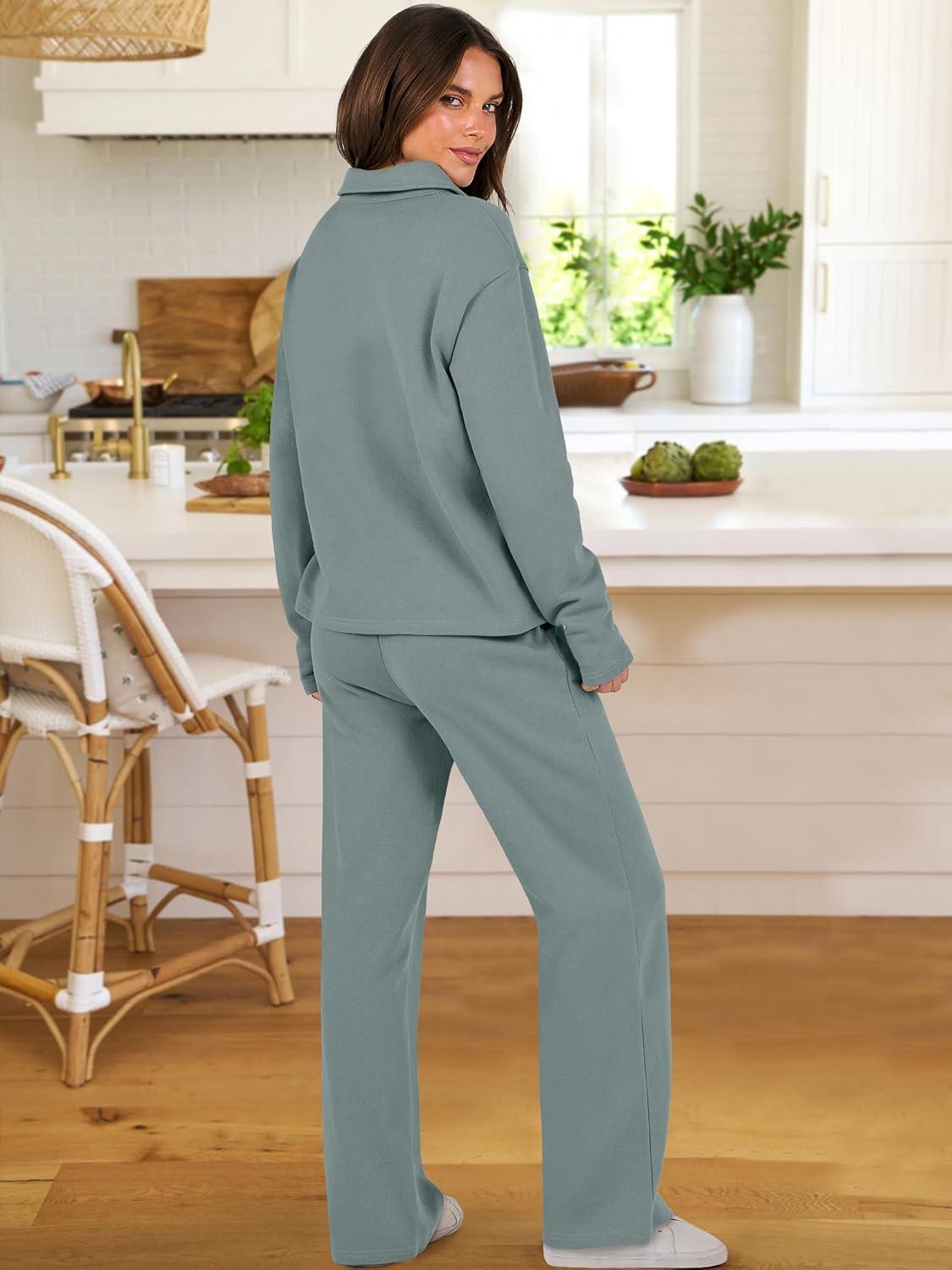 imageANRABESS Lounge Sets for Women 2 Piece Outfits Sweatsuit Set Fall V Neck Sweatshirts Wide Leg Pants TracksuitsCyan Green