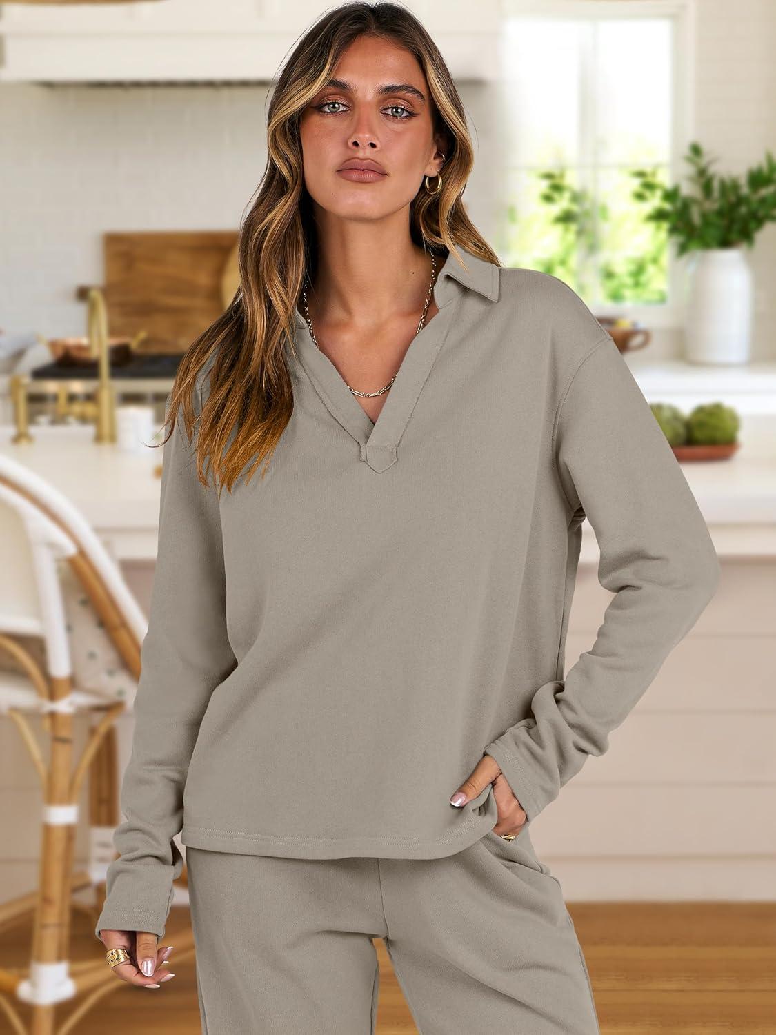 imageANRABESS Lounge Sets for Women 2 Piece Outfits Sweatsuit Set Fall V Neck Sweatshirts Wide Leg Pants TracksuitsKhaki