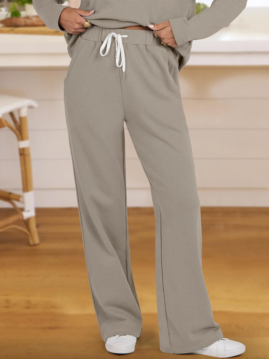 imageANRABESS Lounge Sets for Women 2 Piece Outfits Sweatsuit Set Fall V Neck Sweatshirts Wide Leg Pants TracksuitsKhaki