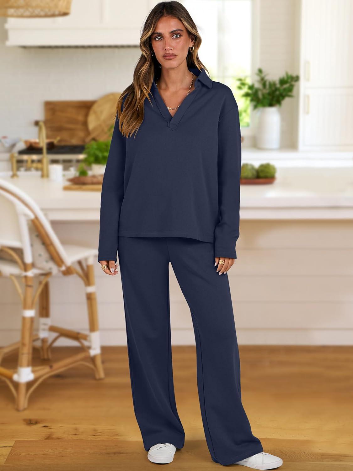 imageANRABESS Lounge Sets for Women 2 Piece Outfits Sweatsuit Set Fall V Neck Sweatshirts Wide Leg Pants TracksuitsNavy Blue