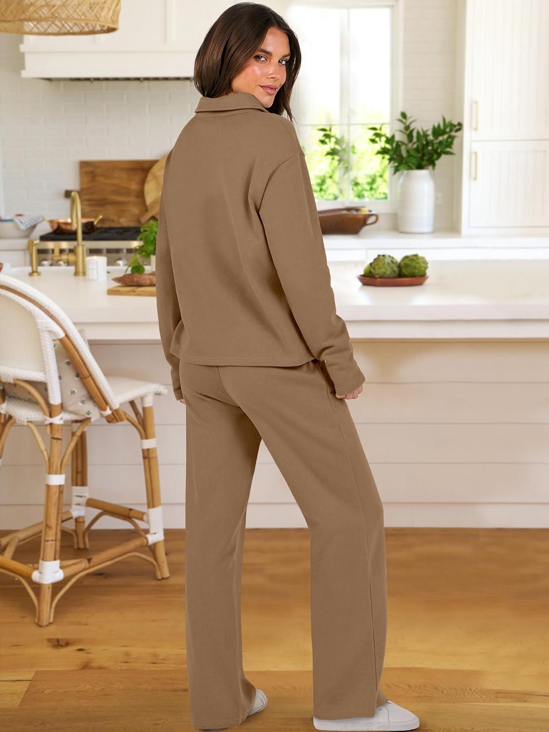 imageANRABESS Lounge Sets for Women 2 Piece Outfits Sweatsuit Set Fall V Neck Sweatshirts Wide Leg Pants TracksuitsOrange