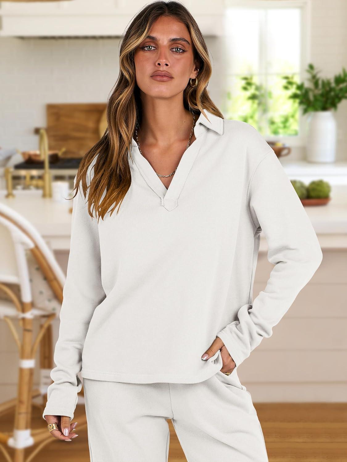 imageANRABESS Lounge Sets for Women 2 Piece Outfits Sweatsuit Set Fall V Neck Sweatshirts Wide Leg Pants TracksuitsWhite