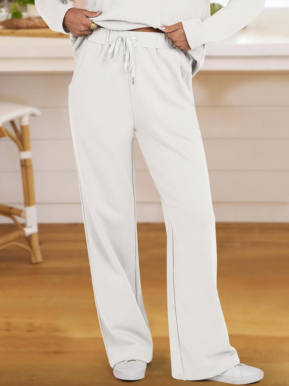 imageANRABESS Lounge Sets for Women 2 Piece Outfits Sweatsuit Set Fall V Neck Sweatshirts Wide Leg Pants TracksuitsWhite