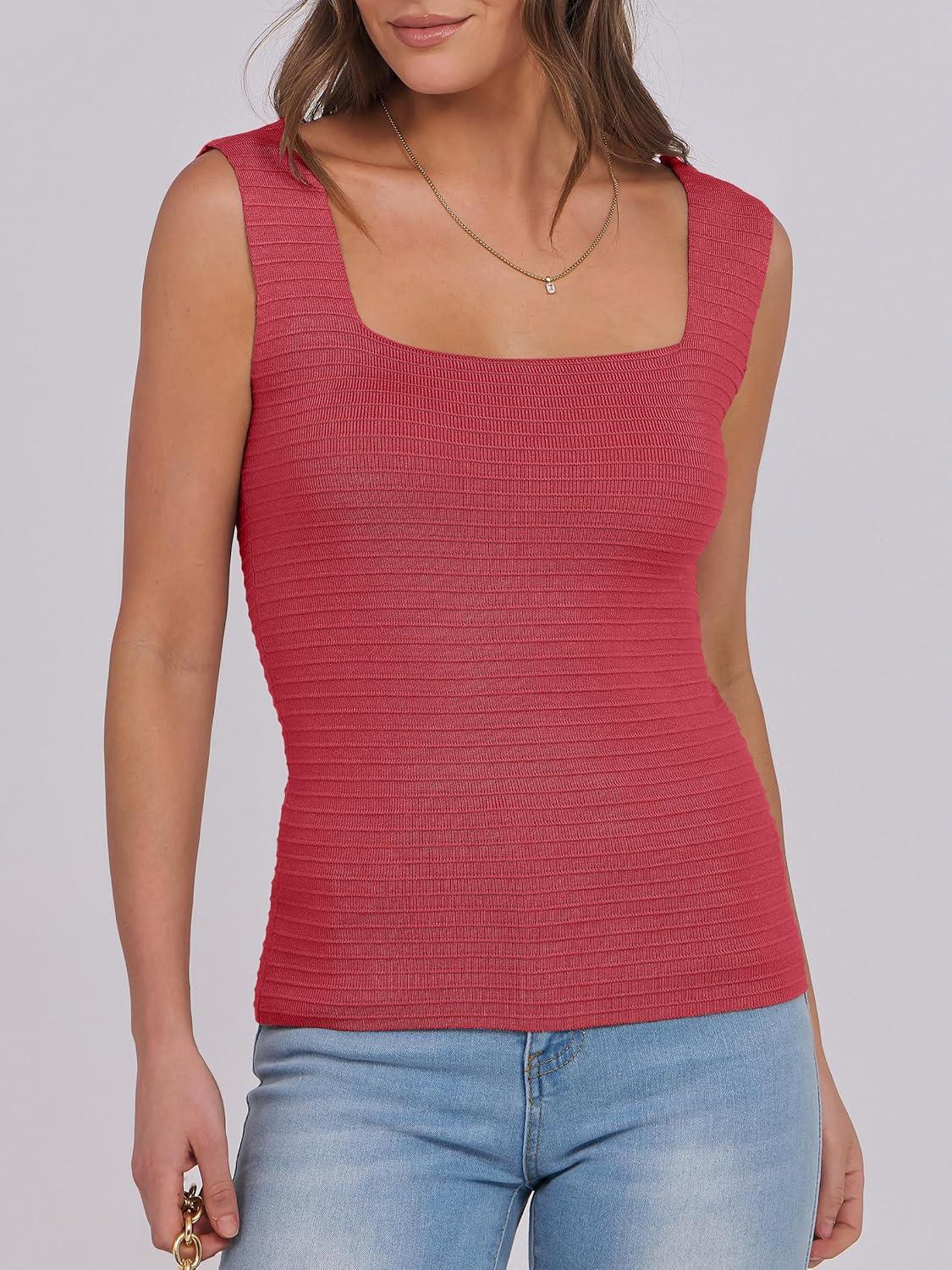 imageANRABESS Tank Tops for Women 2025 Summer Square Neck Rib Knit Sleeveless Basic Slim Fit Shirts Casual Top Trendy OutfitsWatermelon Red