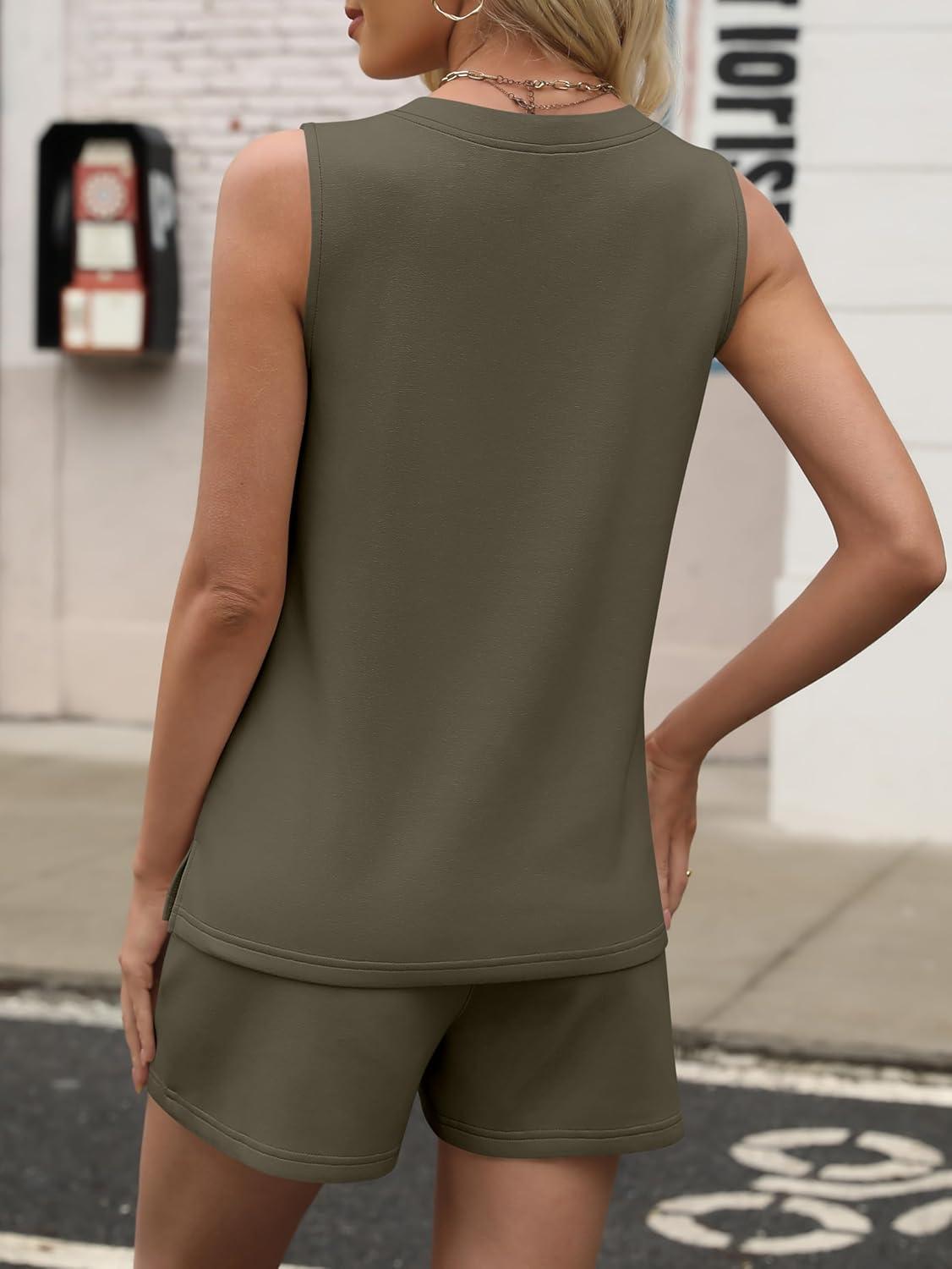 imageANRABESS Two Piece Sets for Women 2025 Summer Outfits Short Matching Lounge Set Casual V Neck Beach Vacation Travel ClothesArmy Green