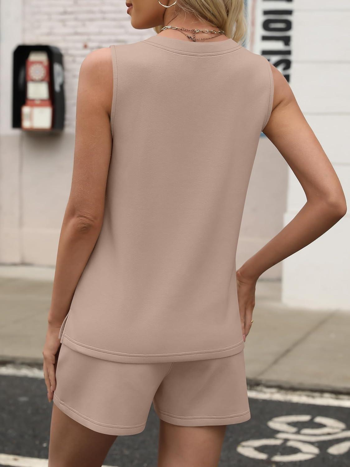 imageANRABESS Two Piece Sets for Women 2025 Summer Outfits Short Matching Lounge Set Casual V Neck Beach Vacation Travel ClothesLight Brown