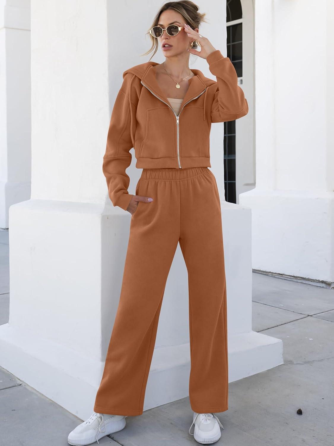 imageANRABESS Women 2 Piece Outfits Sweatsuit Zip Up Crop Hoodies SweatPants Lounge Matching Sweat Set 2024 Winter Trendy ClothesCoffee