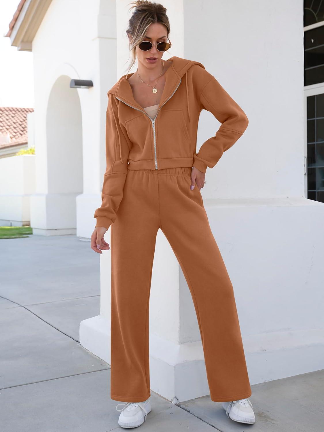 imageANRABESS Women 2 Piece Outfits Sweatsuit Zip Up Crop Hoodies SweatPants Lounge Matching Sweat Set 2024 Winter Trendy ClothesCoffee