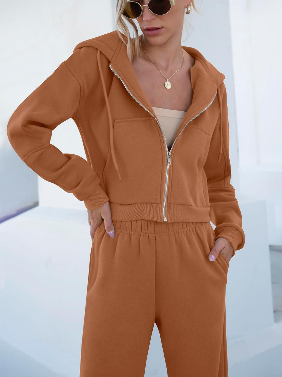 imageANRABESS Women 2 Piece Outfits Sweatsuit Zip Up Crop Hoodies SweatPants Lounge Matching Sweat Set 2024 Winter Trendy ClothesCoffee