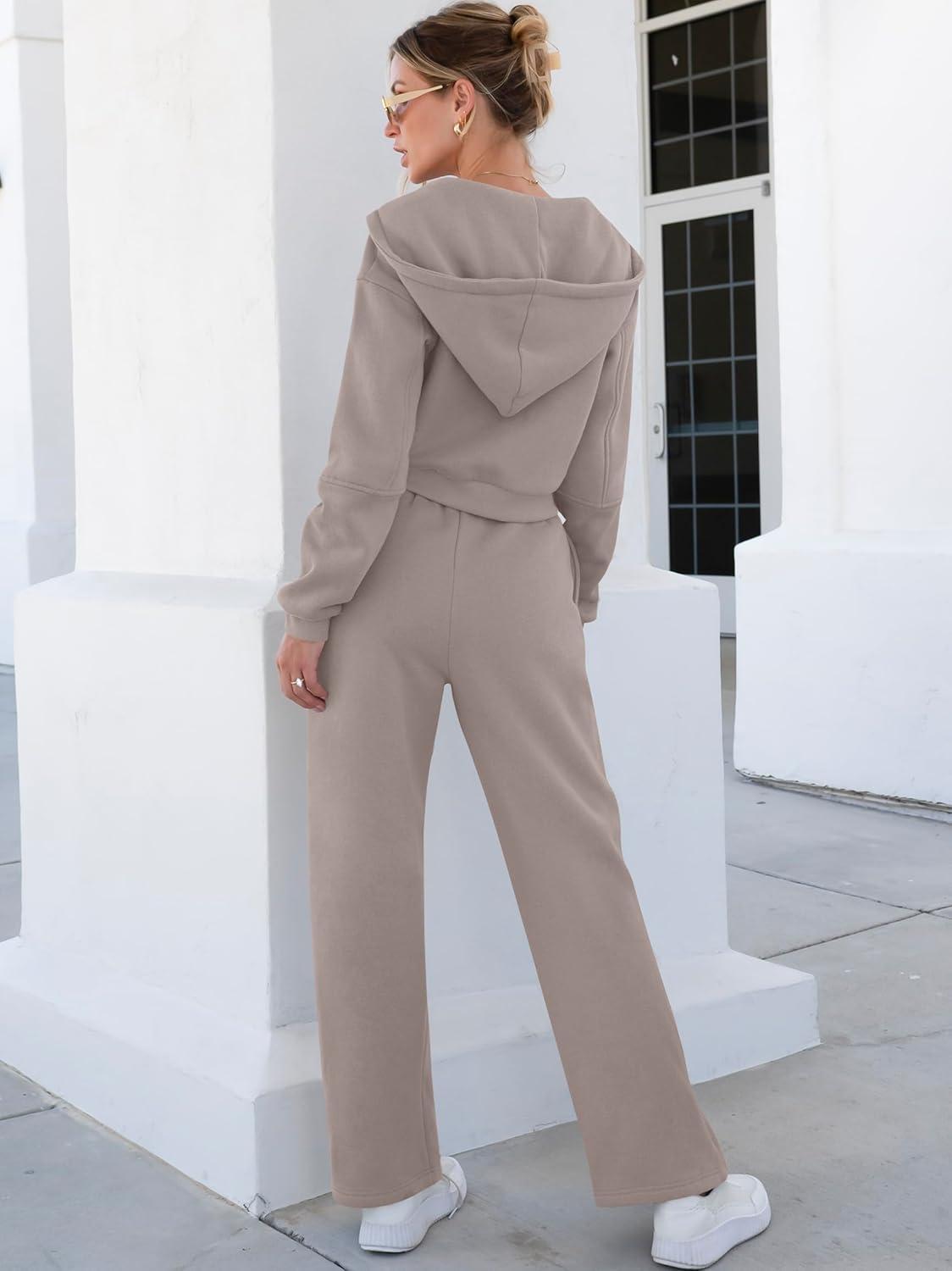 imageANRABESS Women 2 Piece Outfits Sweatsuit Zip Up Crop Hoodies SweatPants Lounge Matching Sweat Set 2024 Winter Trendy ClothesCoffeegrey