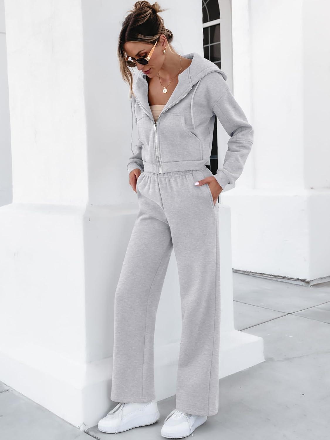 imageANRABESS Women 2 Piece Outfits Sweatsuit Zip Up Crop Hoodies SweatPants Lounge Matching Sweat Set 2024 Winter Trendy ClothesGrey