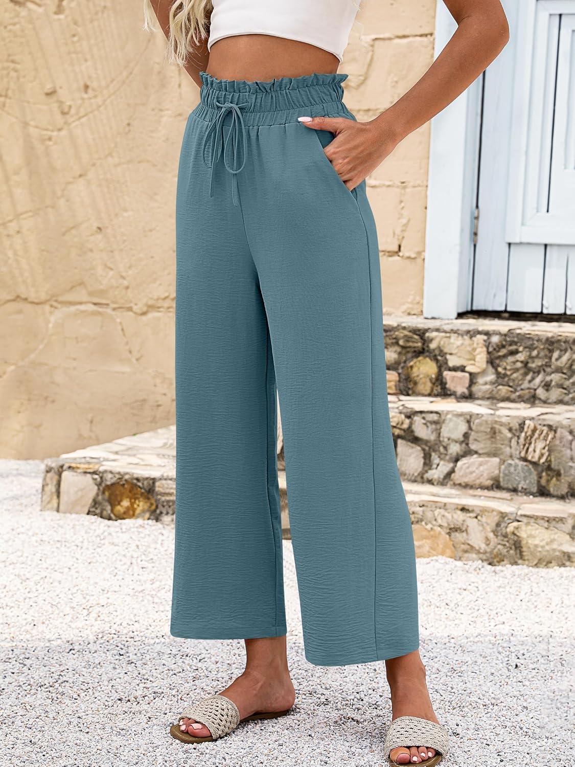 imageANRABESS Women 2025 Summer Casual Flowy Loose High Waist Boho Wide Leg Cropped Palazzo Lounge Beach Vacation Pants TrousersLake