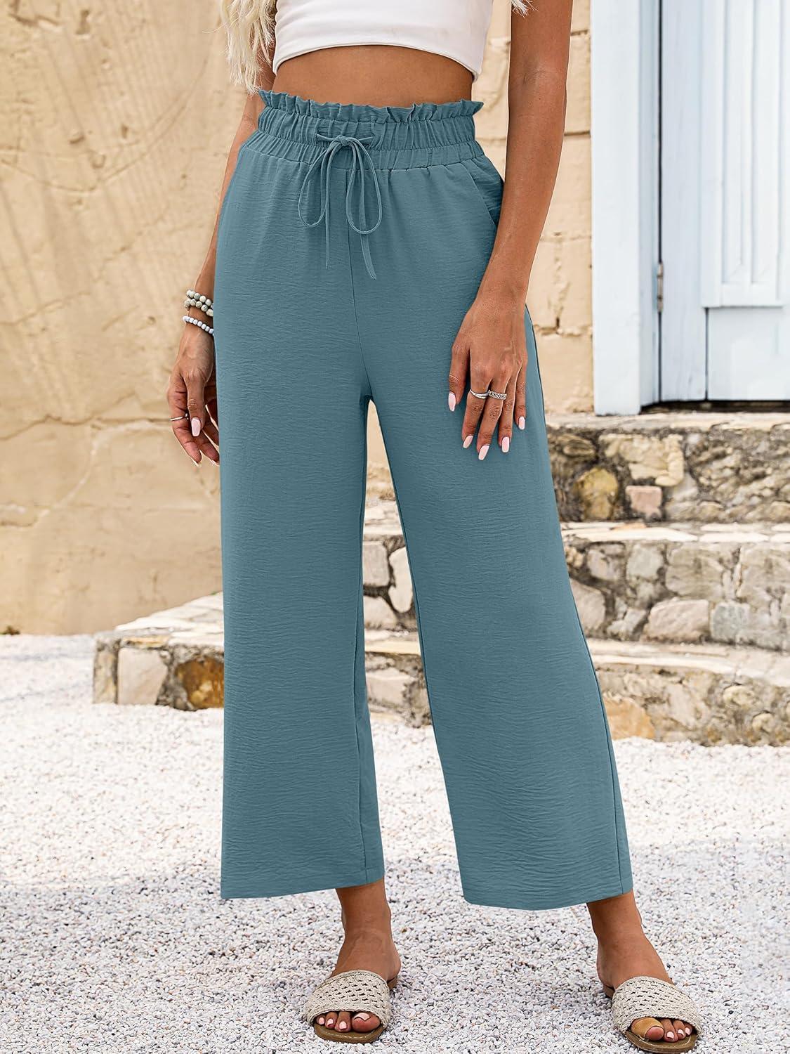 imageANRABESS Women 2025 Summer Casual Flowy Loose High Waist Boho Wide Leg Cropped Palazzo Lounge Beach Vacation Pants TrousersLake