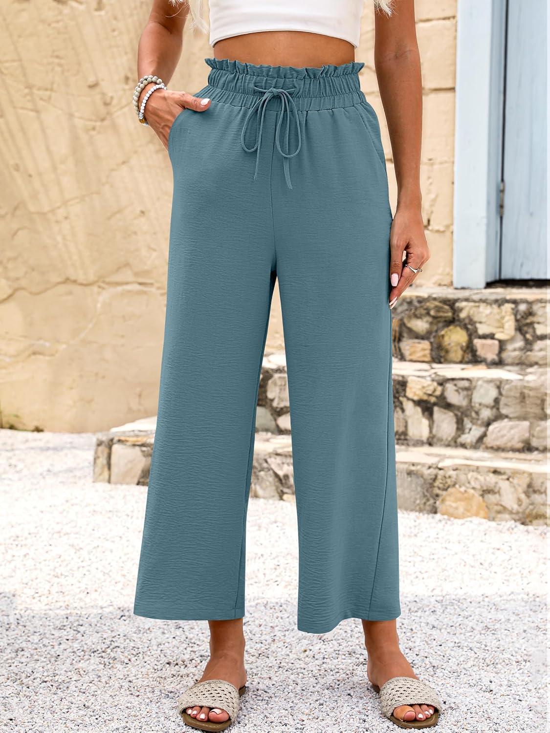 imageANRABESS Women 2025 Summer Casual Flowy Loose High Waist Boho Wide Leg Cropped Palazzo Lounge Beach Vacation Pants TrousersLake