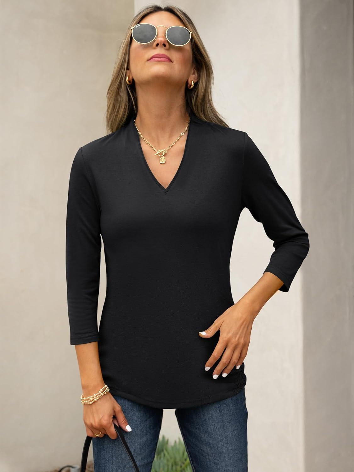 imageANRABESS Women 34 Length Sleeve Tops V Neck Basic Dressy Casual Business Tunic Tee Shirts 2025 Fall Summer Trendy OutfitsBlack