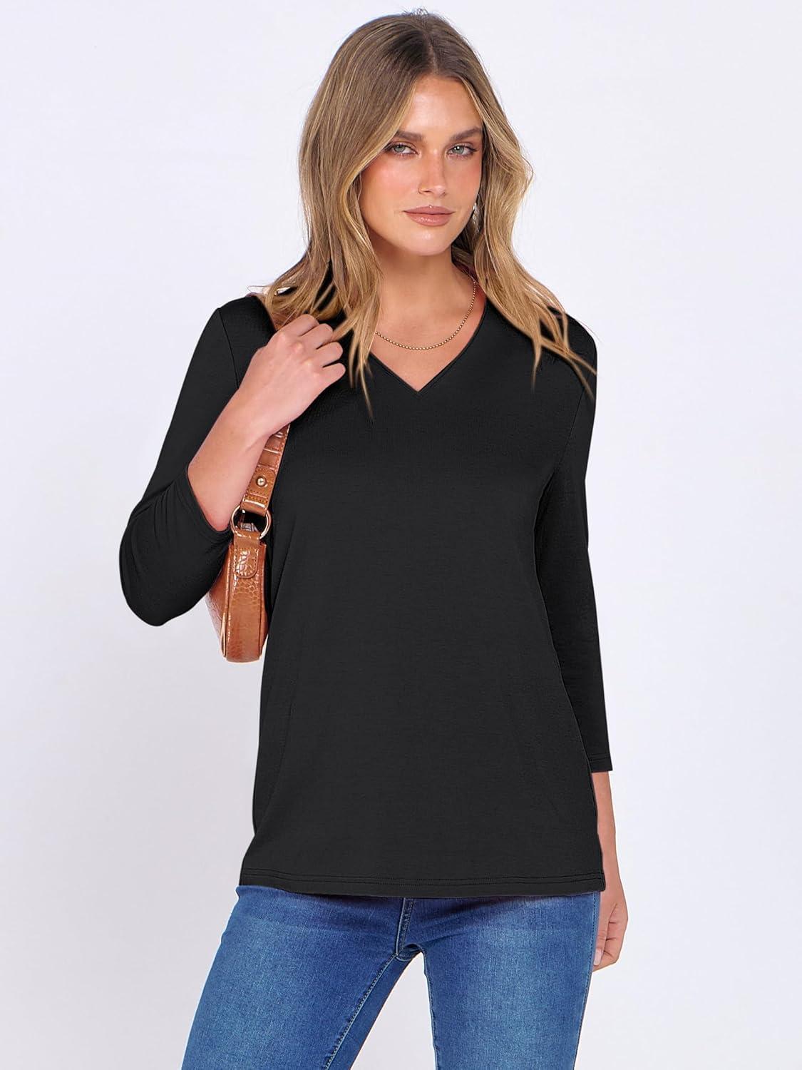 imageANRABESS Women 34 Length Sleeve Tops V Neck Basic Dressy Casual Business Tunic Tee Shirts 2025 Fall Summer Trendy OutfitsBlack