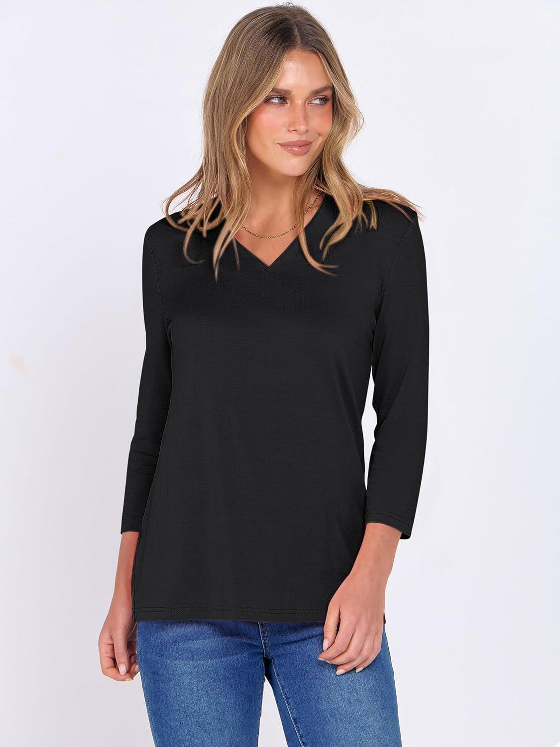 imageANRABESS Women 34 Length Sleeve Tops V Neck Basic Dressy Casual Business Tunic Tee Shirts 2025 Fall Summer Trendy OutfitsBlack