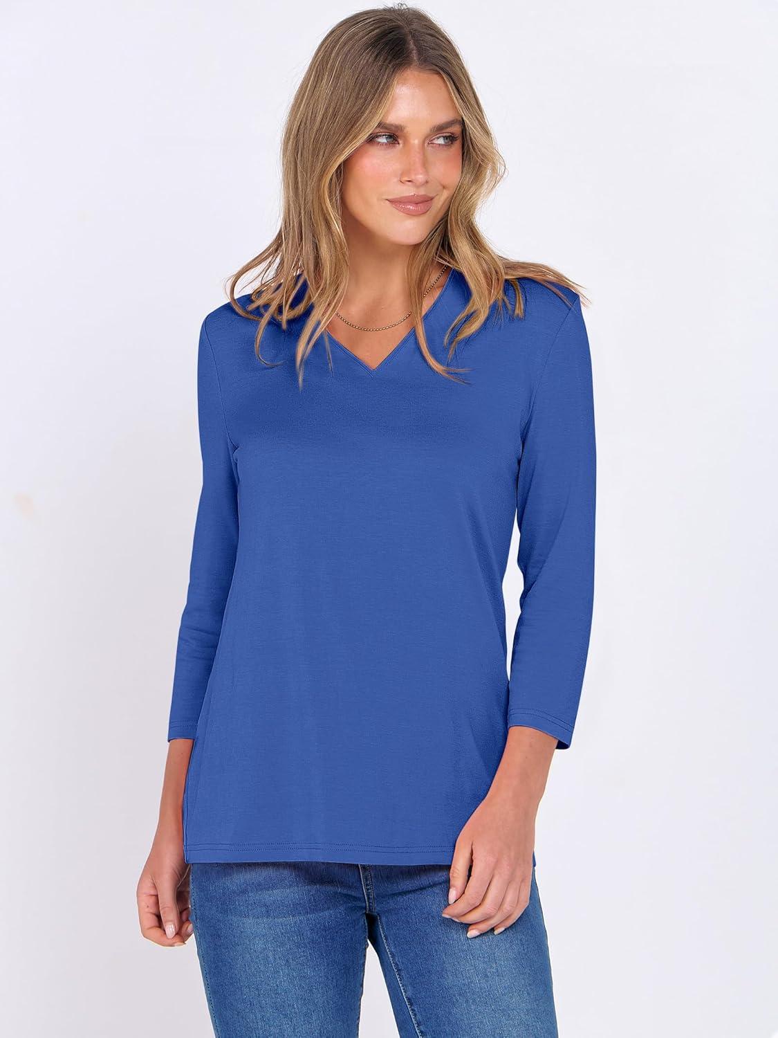 imageANRABESS Women 34 Length Sleeve Tops V Neck Basic Dressy Casual Business Tunic Tee Shirts 2025 Fall Summer Trendy OutfitsBlue